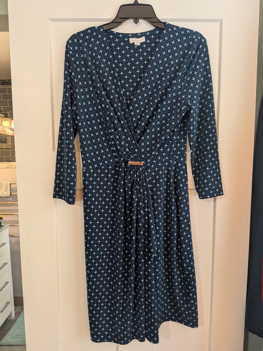 Charter Club Navy and Light Blue Geometric Wrap-Style Midi Dress